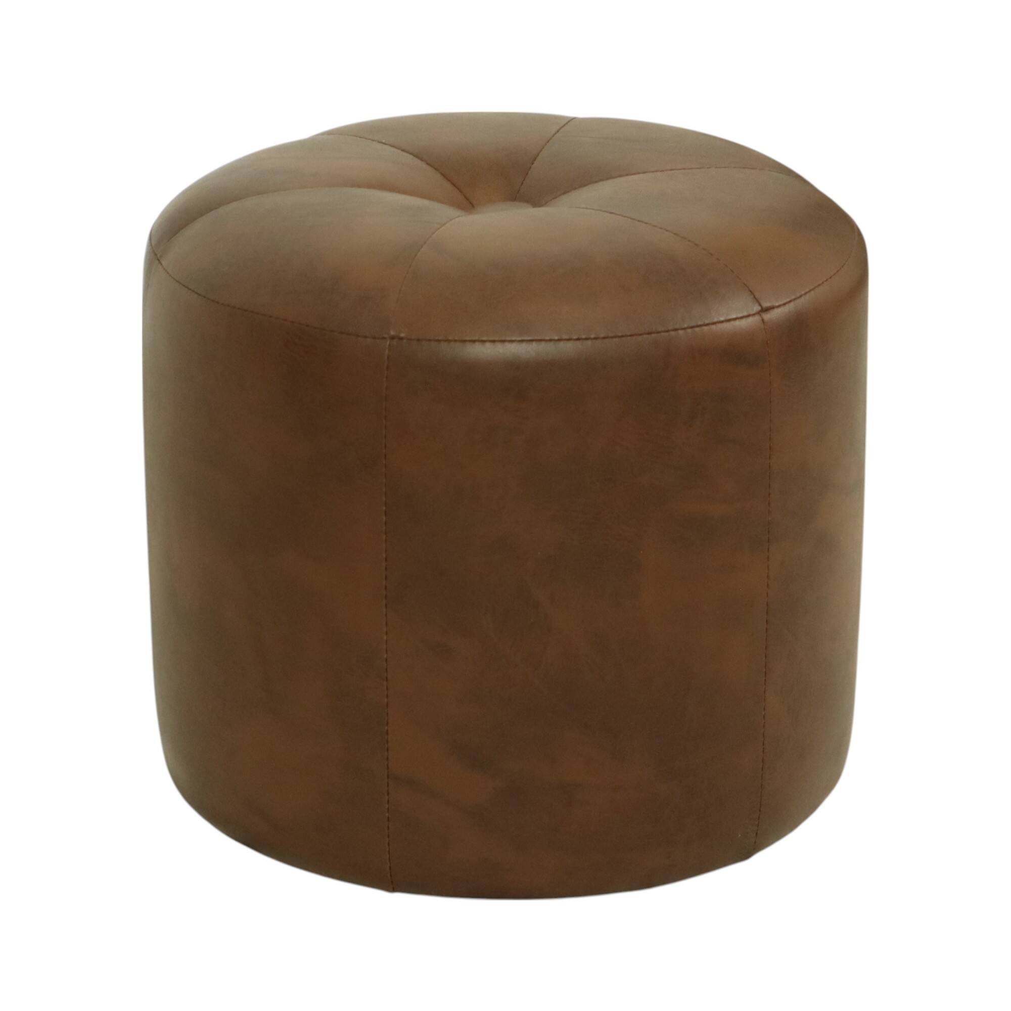 Pouf rond vintage en bois et cuir skaï marron patchwork années 60