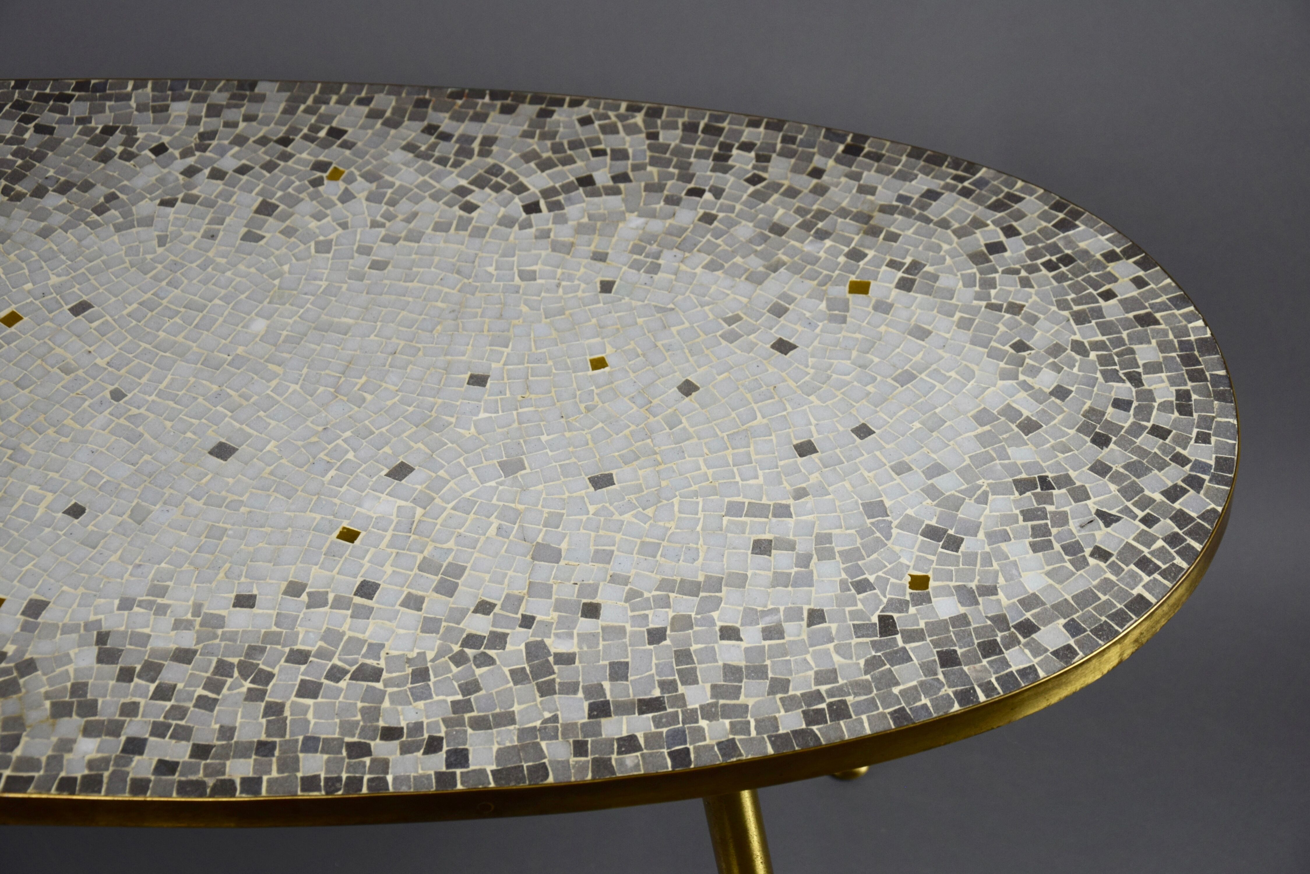 Brass Mid century Oval Coffee Table with Grey Glass Mosaic and Gold Highlights