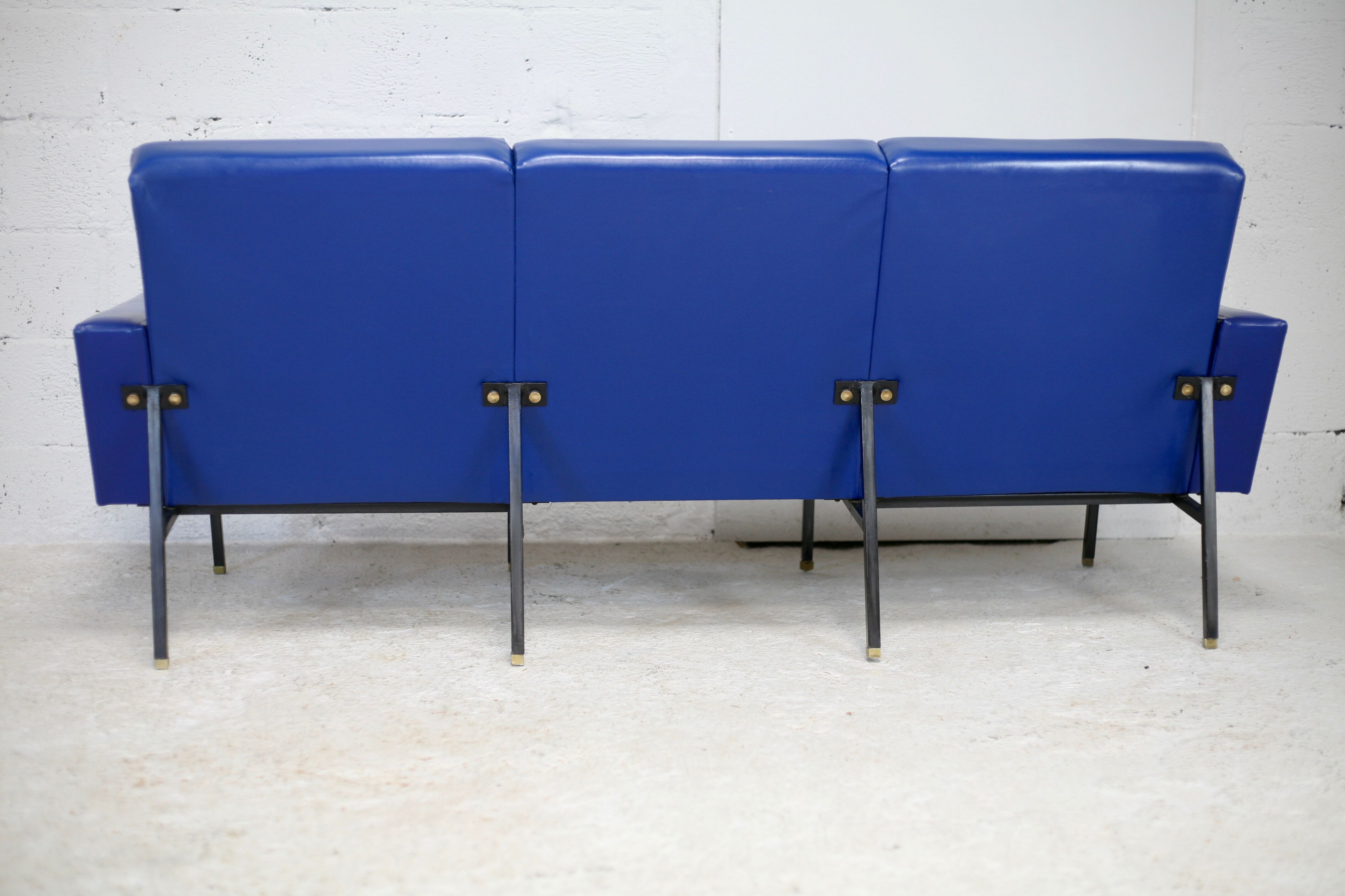 Sofa imitation leather blue and steel, 3 seats, France, circa 1960