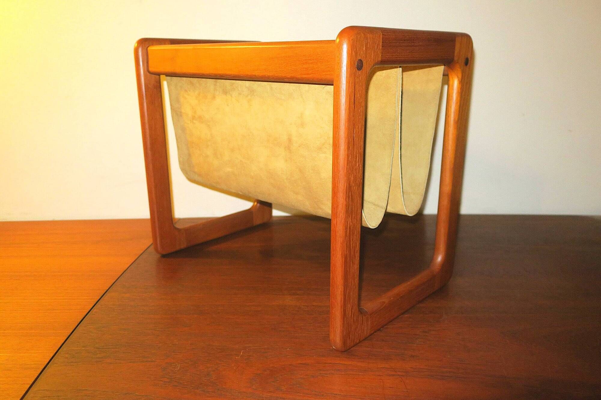 Magazinr rack in teak and suede leather by Aksel Kjersgaard, 1960s