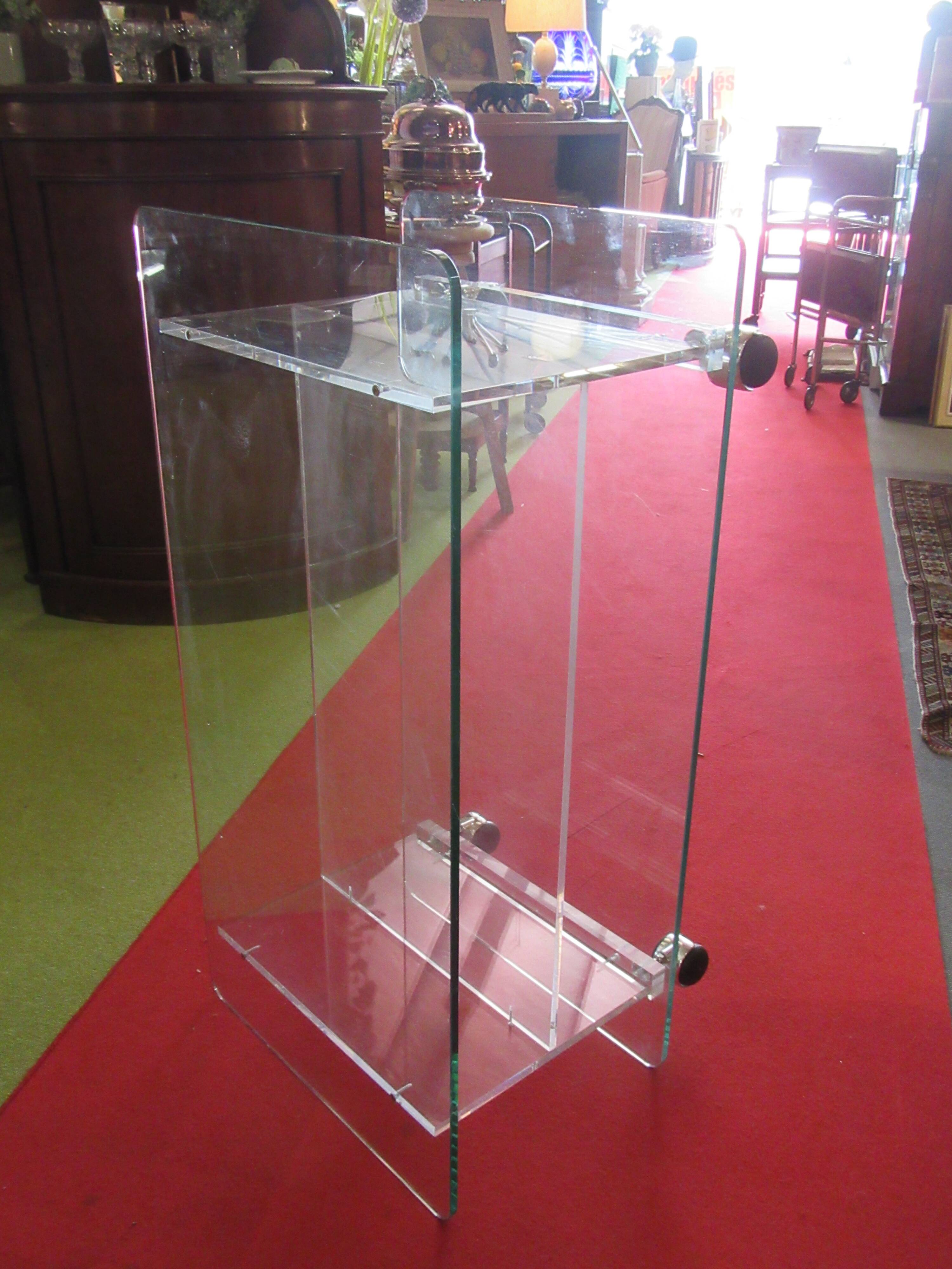 vintage glass coffee table with plexiglass legs