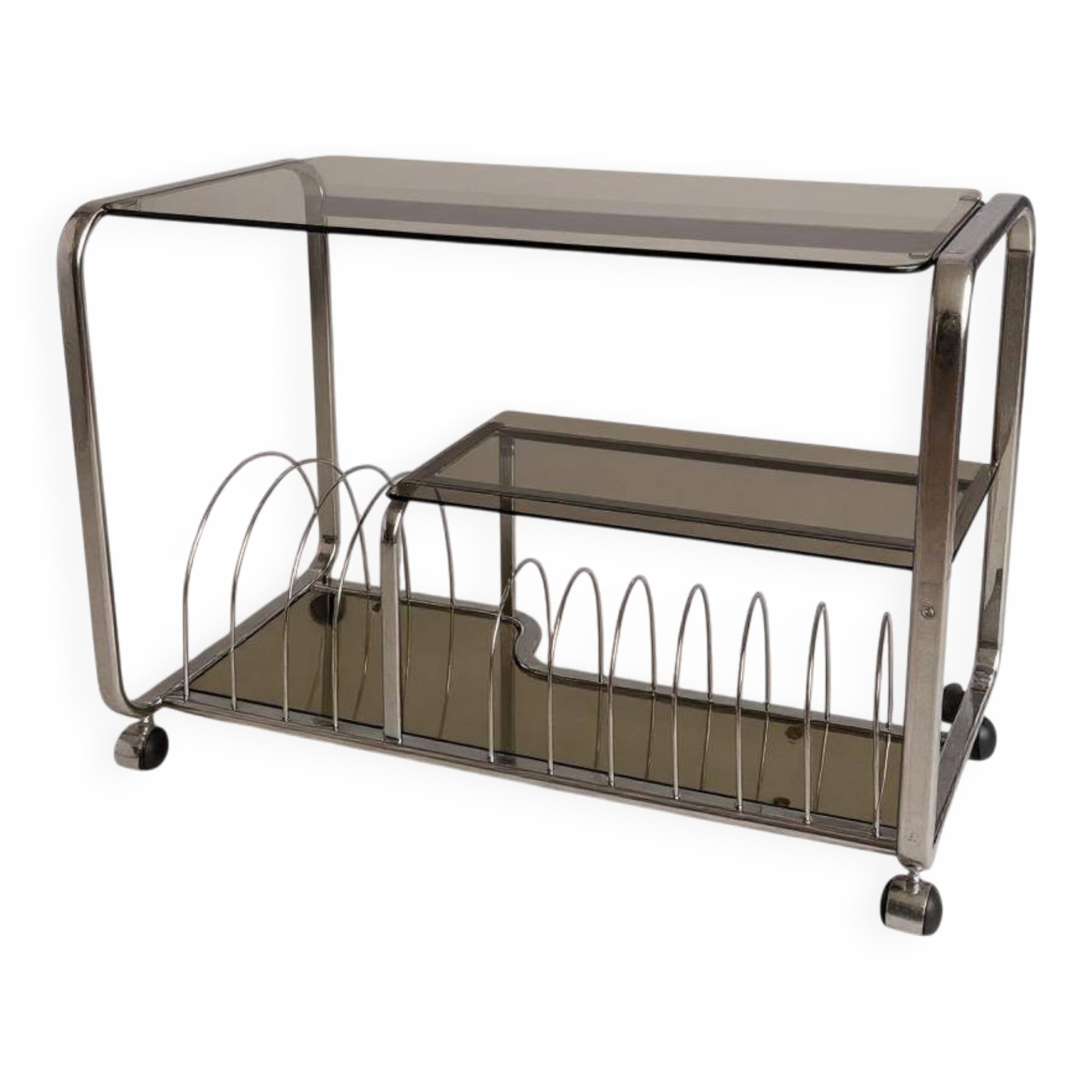 Vintage Space Age 1970s Coffee Table • Black Smoked Glass & Chrome • Magazine Rack