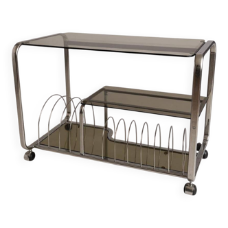 Table basse vintage Space Age 1970 • Verre fumé noir & chrome • Porte‑revue