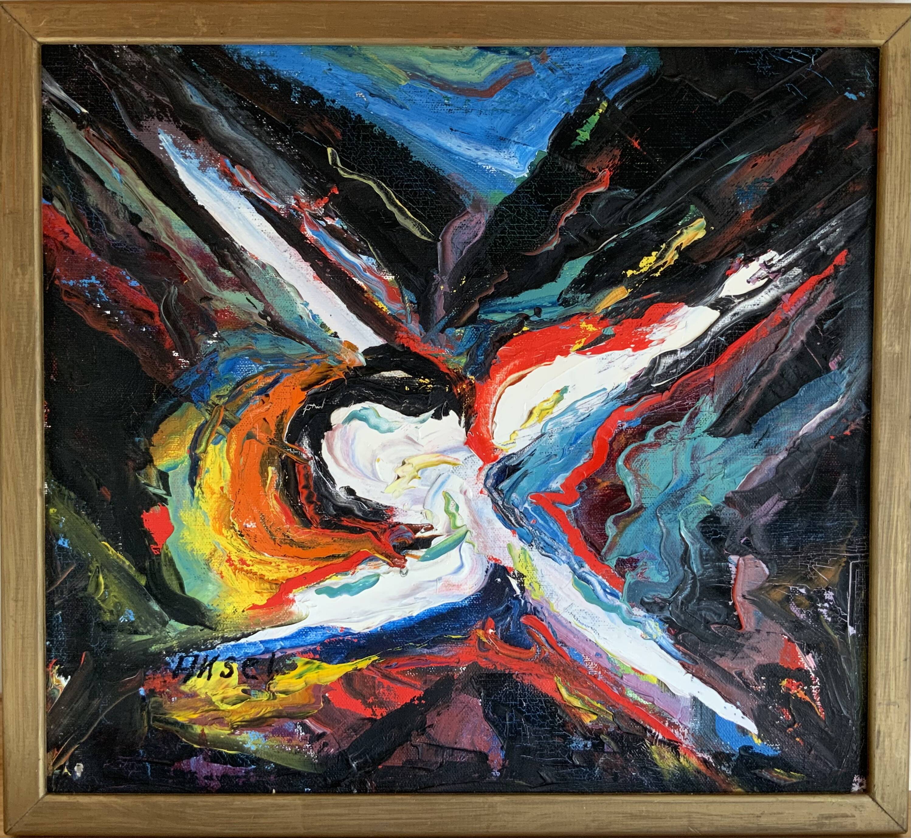 Petite peinture abstraite vintage de paysage, signée Axel, années 1970.