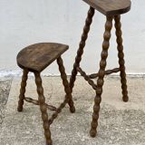 Set of 2 high and low tripod stools with turned legs, vintage plant holder, 1960s