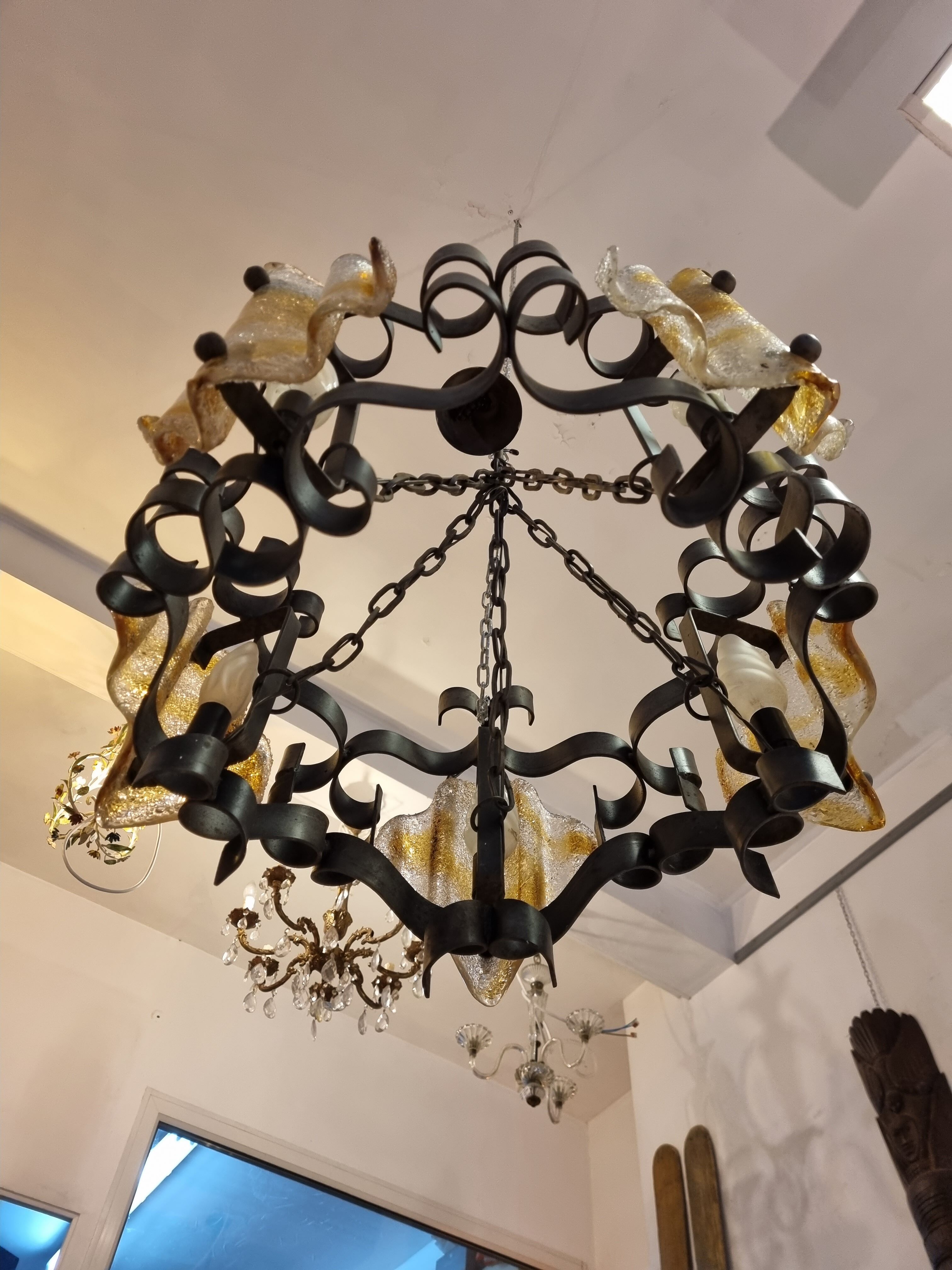 Chandelier iron struck & murano glass, 1970