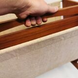 Magazine rack in teak wood with sand-coloured canvas, Danish and from the 1970s.