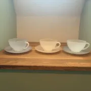 3 vintage Harlequin 211291 tea or chocolate cups and saucers.