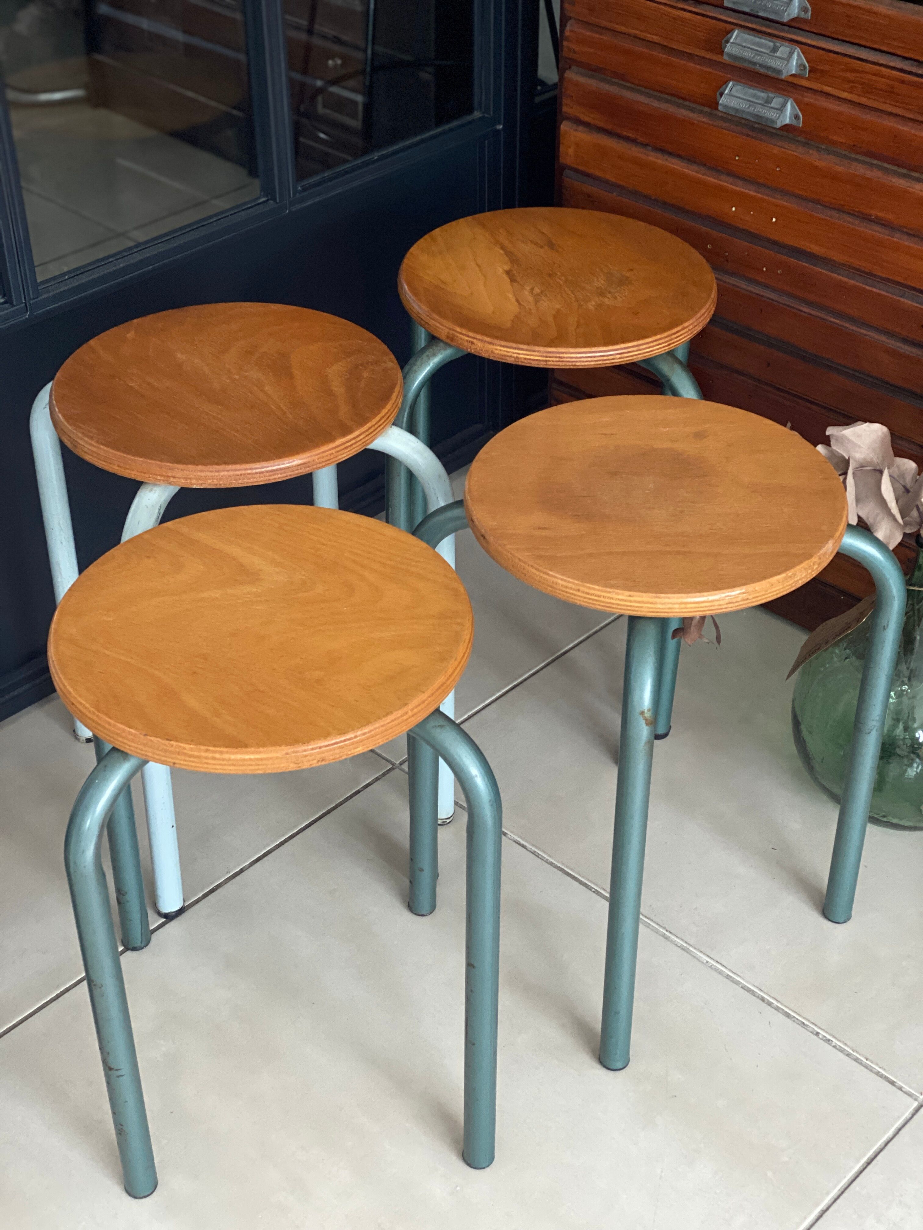 Set of 4 metal and wood workshop stools