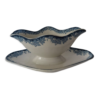 Saucière bleue ancienne  428112 faience Platane Saint Amand Hamage décor feuille