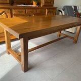 Solid oak farm table + 6 straw-seated oak chairs