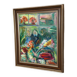 Swedish Oil on Canvas – “Interior with Figures” by Erik Lo  (1914–2004