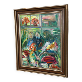 Swedish Oil on Canvas – “Interior with Figures” by Erik Lo  (1914–2004