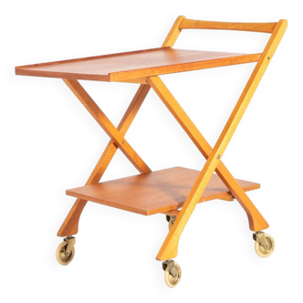Mid-century Italian design foldable teak serving trolley/bar cart