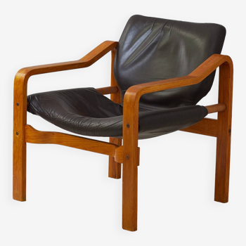 Fauteuil vintage Andy en cuir et contreplaqué par Janos Bodnar Hongrie 1970