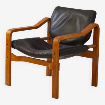 Vintage Leather and Plywood Andy Armchair by Janos Bodnar Hungary 1970s