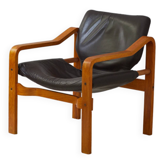 Fauteuil vintage Andy en cuir et contreplaqué par Janos Bodnar Hongrie 1970