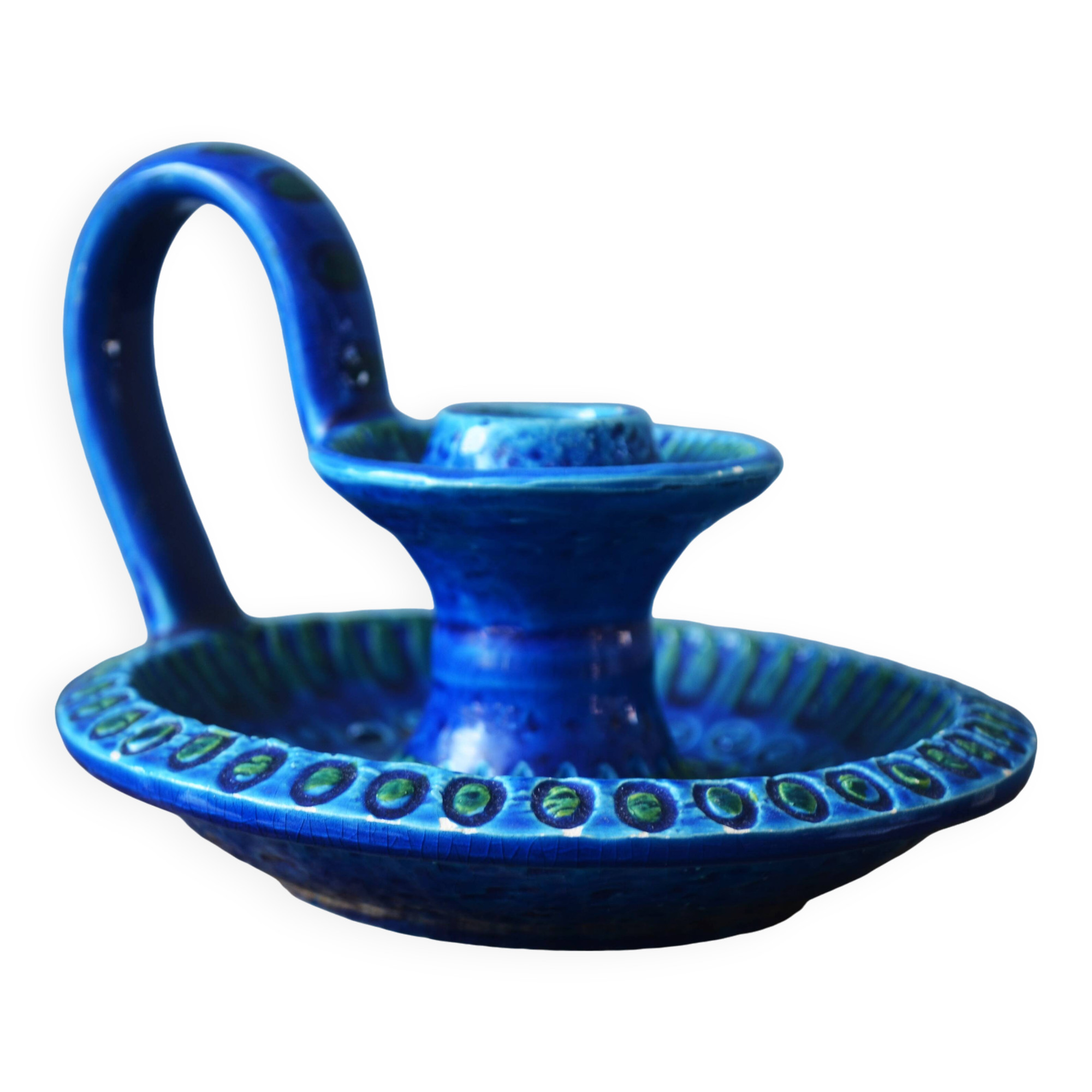 Mid Century Bitossi Aldo Londi Rimini Blue Chamber Candle Holder Painted in Blu