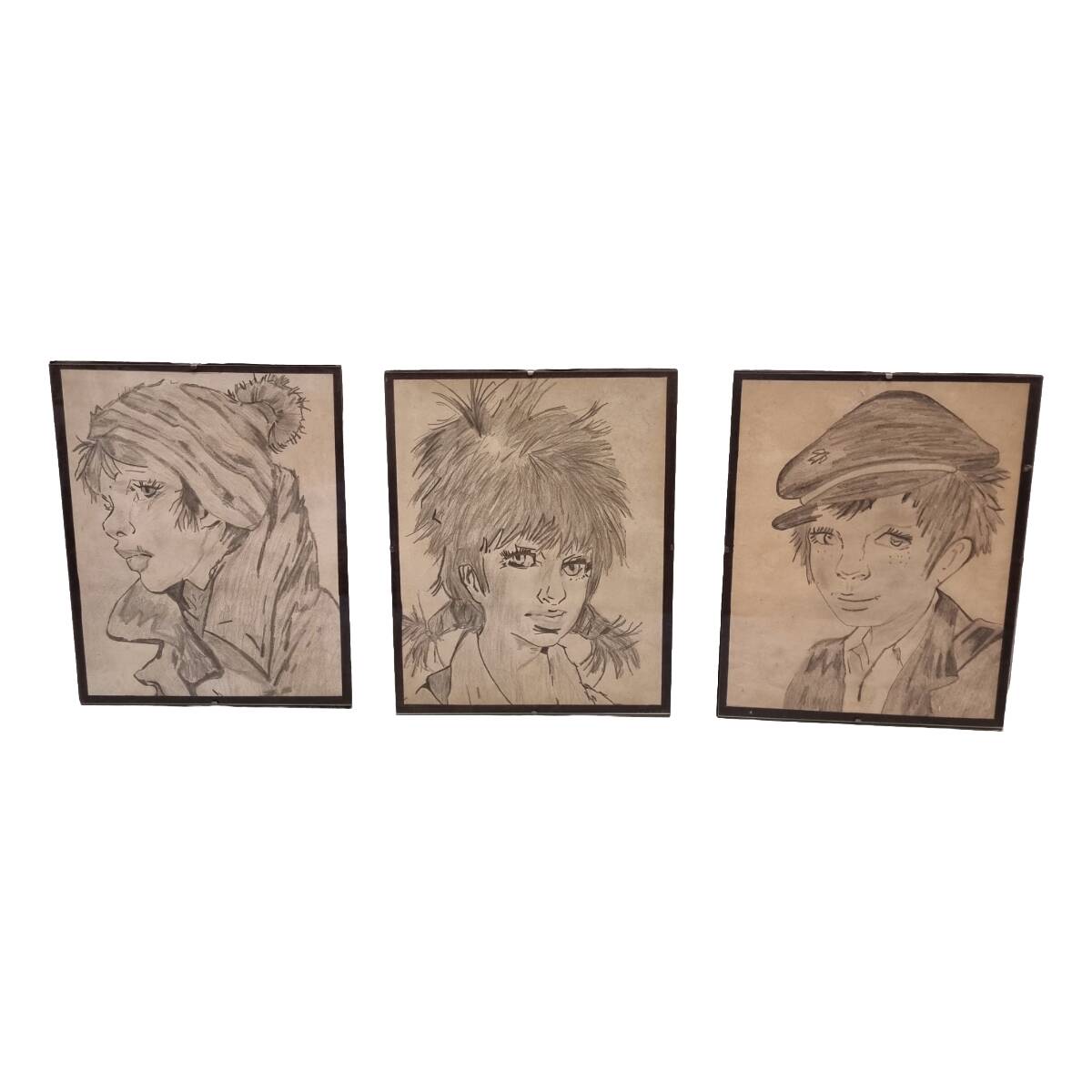 3 French Drawings Of Children, Mid 20th Century