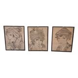3 French Drawings Of Children, Mid 20th Century