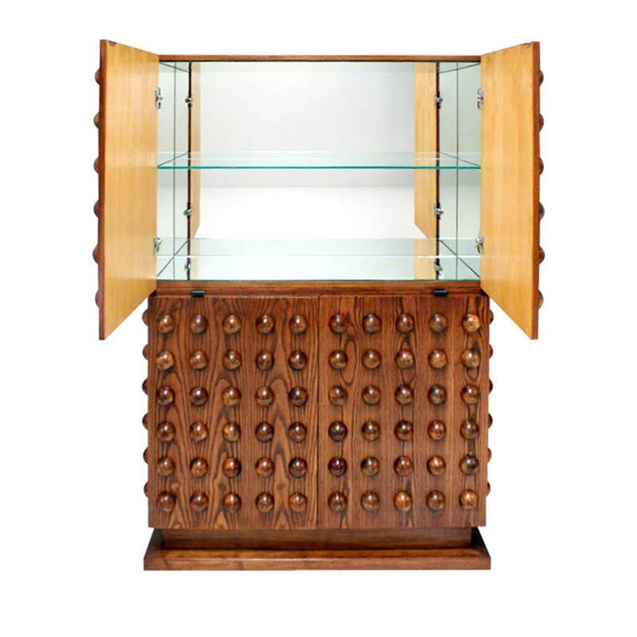 Italian brutalist-style bar made of wood and glass, drinks cabinet.