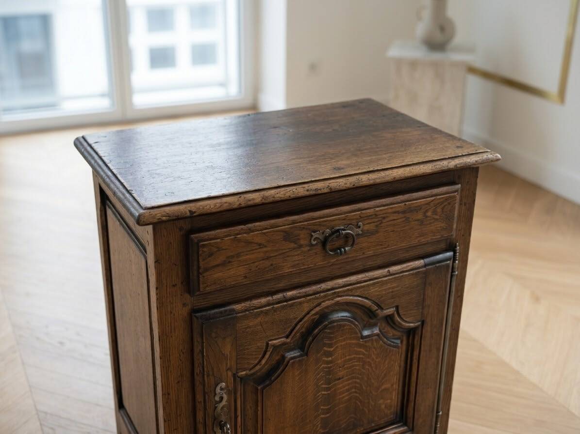 Small cupboard, jam cabinet with one door and one drawer, rustic, oak, solid wood.