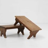 Small Rustic Wooden Stool with Curved Base, France, 1900s