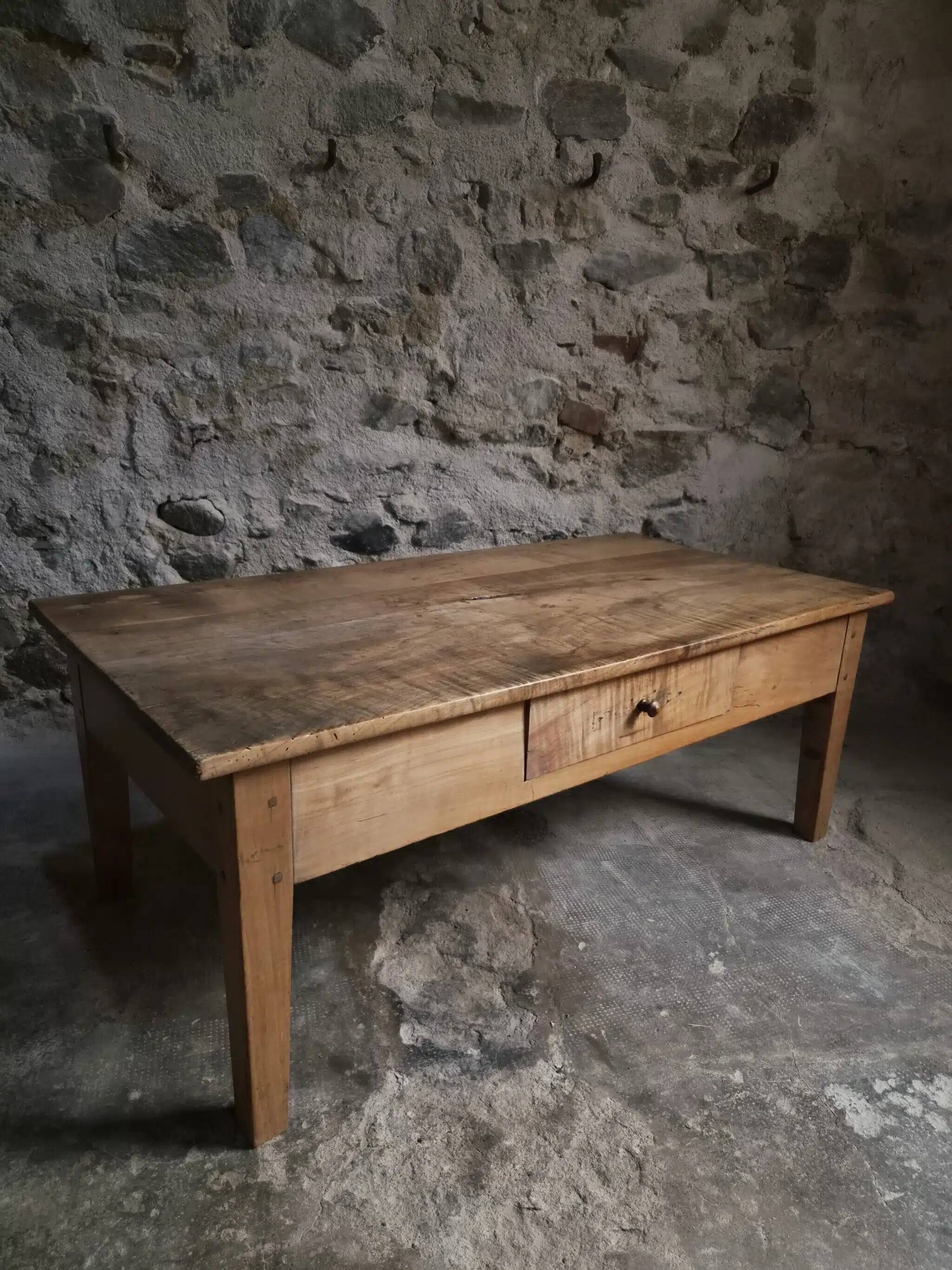 Antique French coffee table, 18th-century cherry farmhouse table with a drawer.