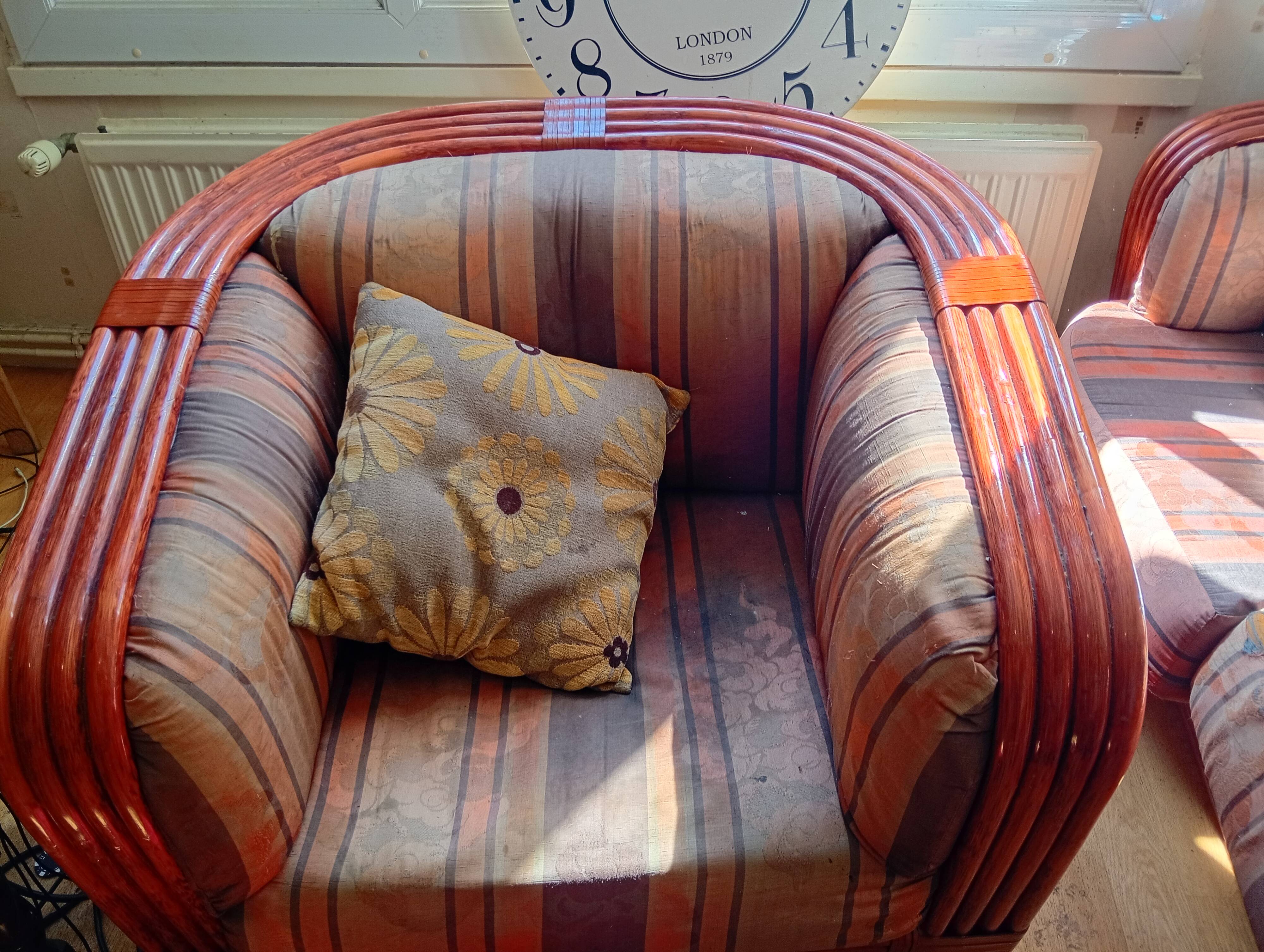 Red rattan and bamboo armchair, Maugrion salon