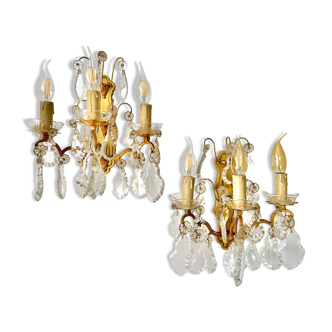 Pair of bronze wall lights and crystal pendants