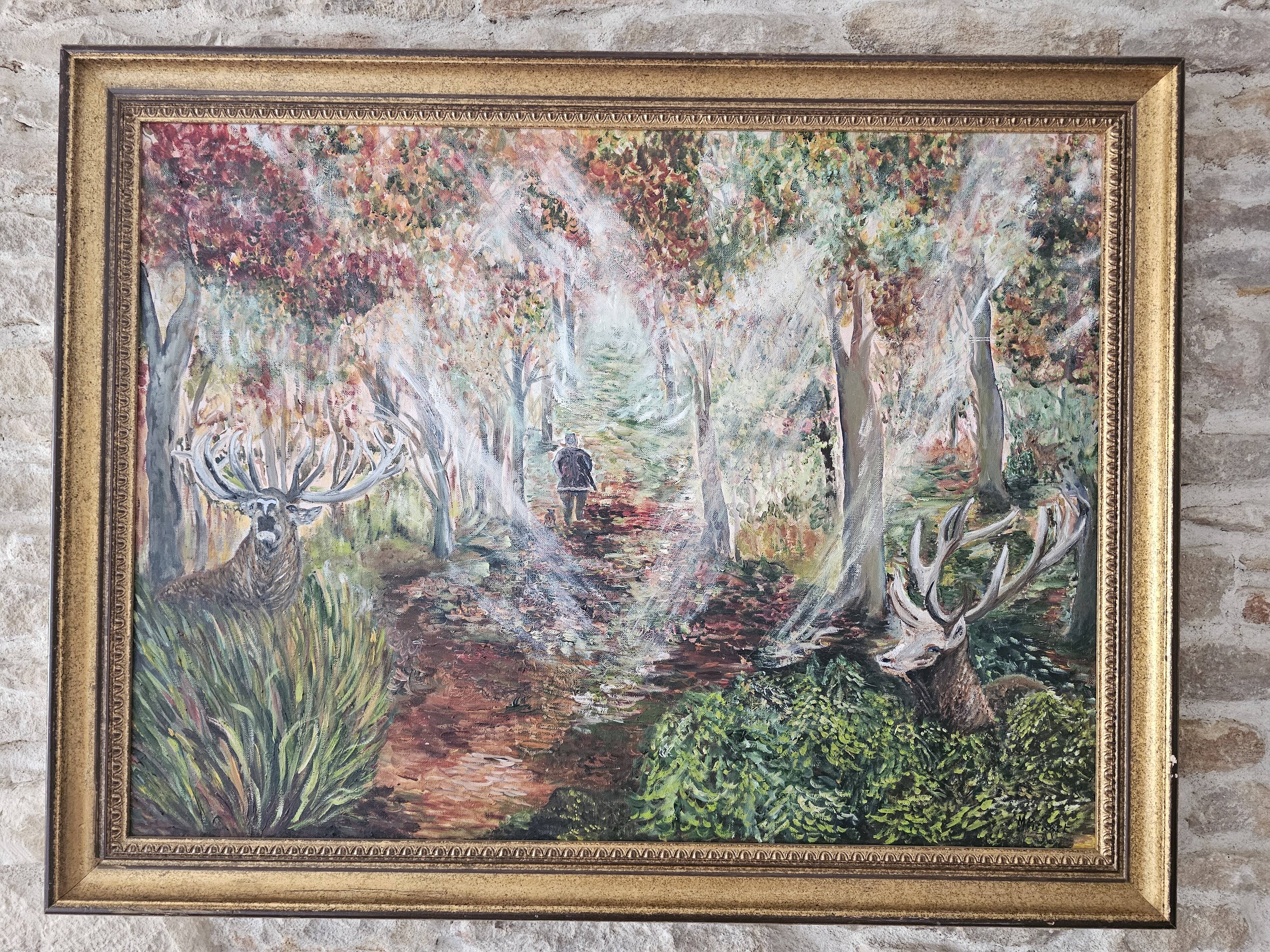 Oil on Canvas Painting Landscape Forest Hunting Scene signed M Pierret