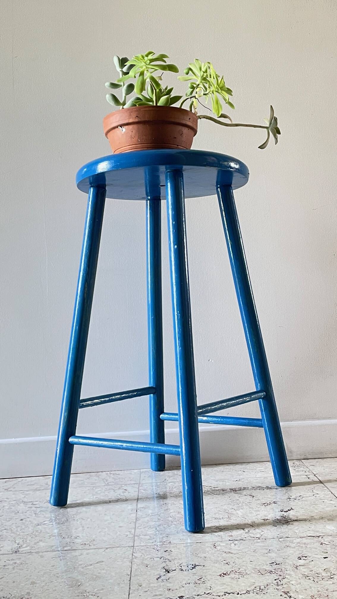TABOURET Vintage Bois BLEU Electrique