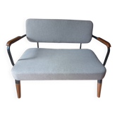 Two-seater sofa in fabric, metal and wooden armrests