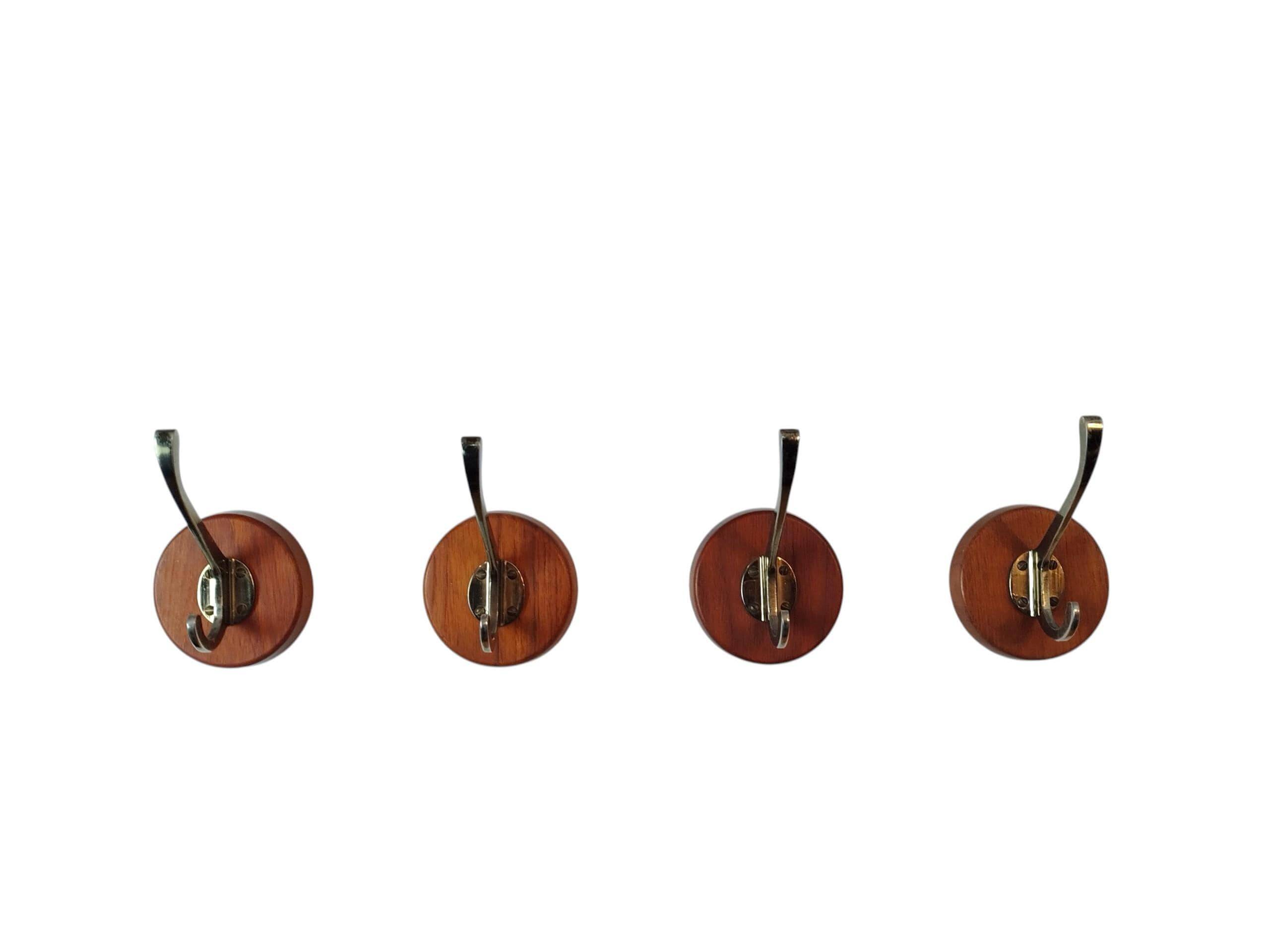 Set of 4 teak and brass coat hooks, Denmark 1960s