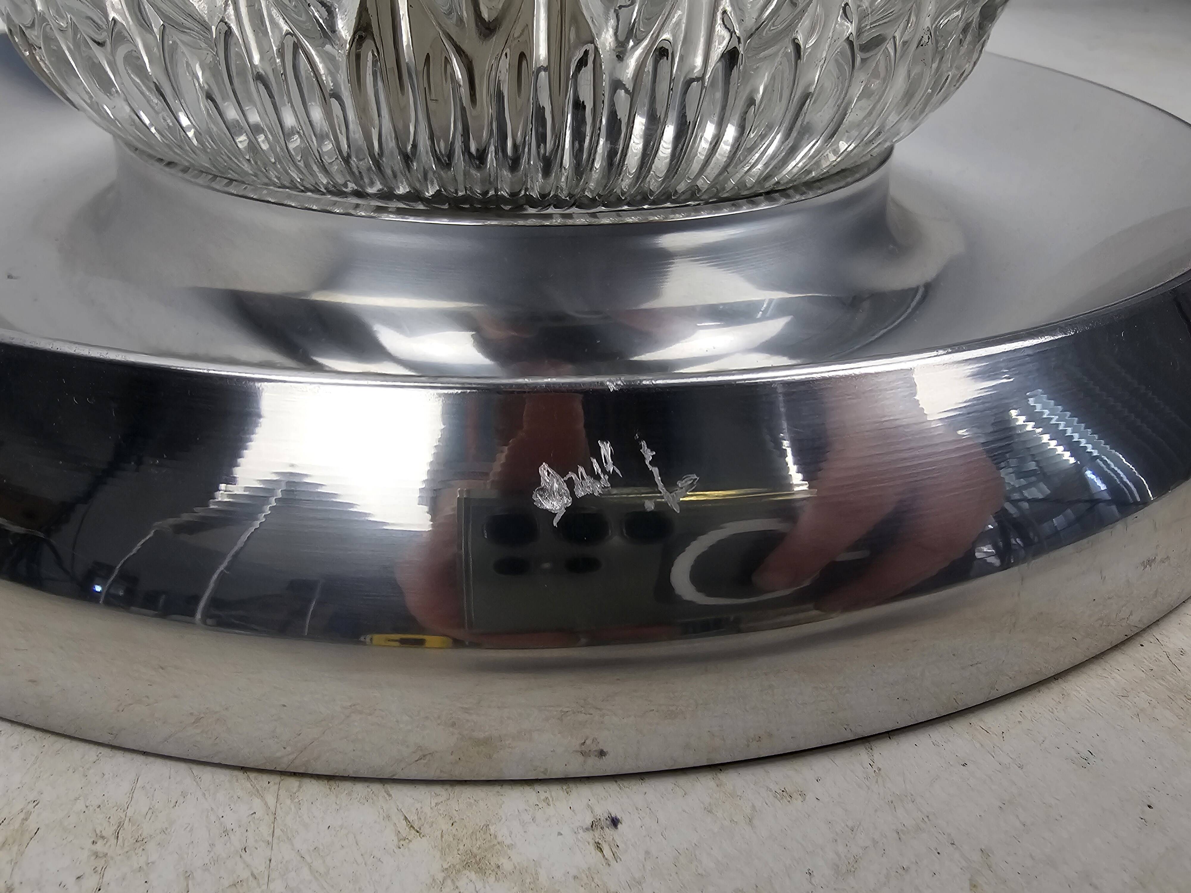 Plafonnier vintage, bague chromée et abat-jour en verre bullé