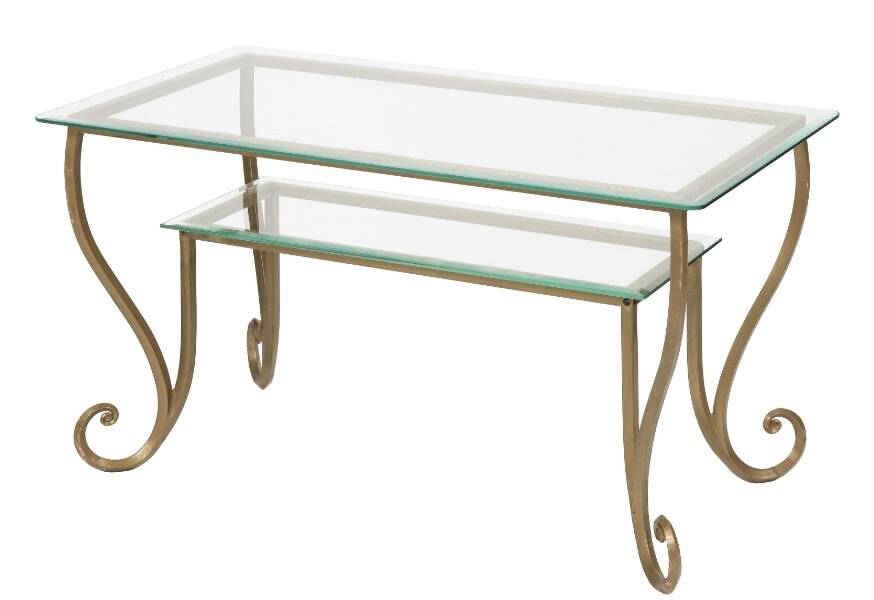 Large gold wrought iron and glass side table.