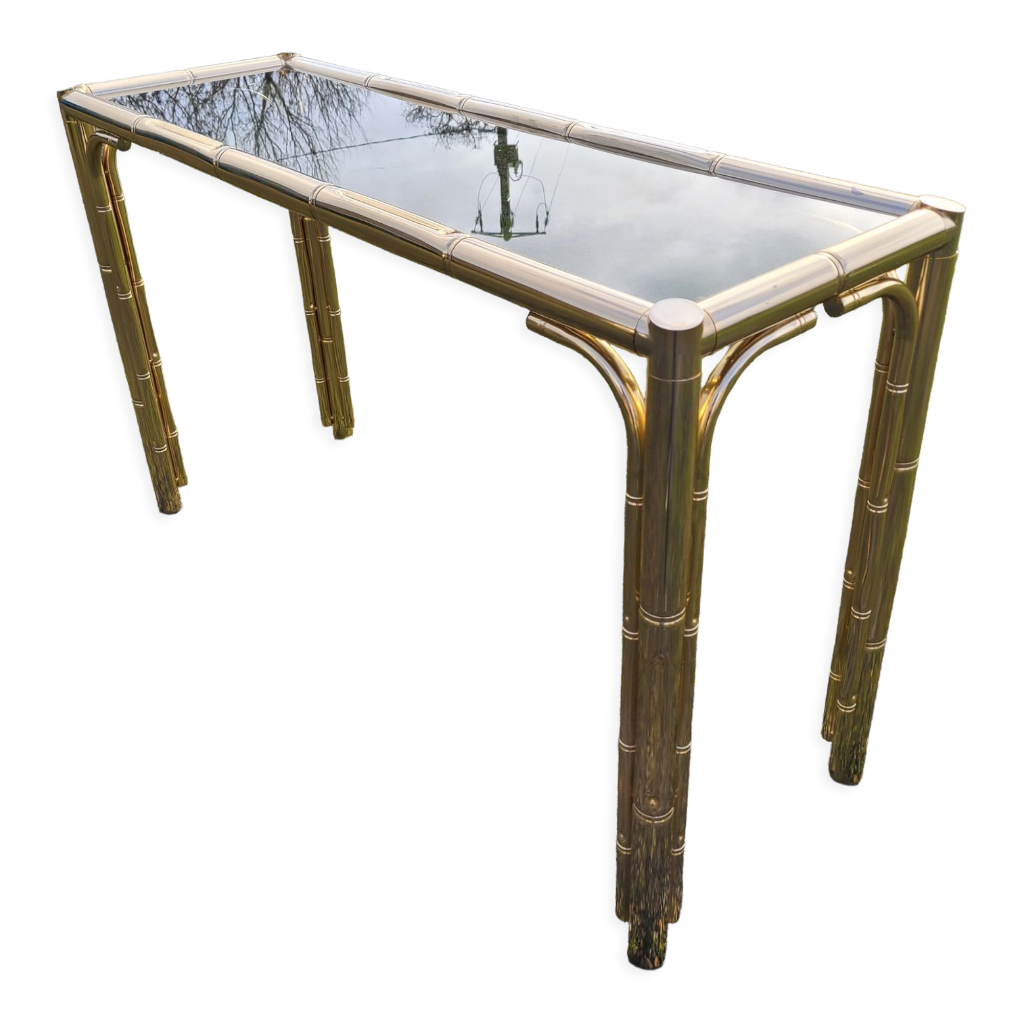 Gold console and vintage smoked glass, imitation bamboo 1970