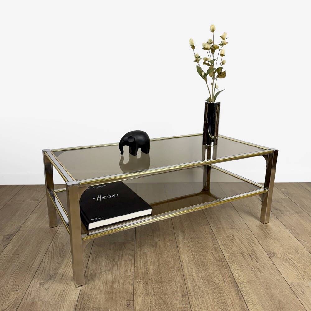 Chrome and smoked glass coffee table with double top from the 1970s.