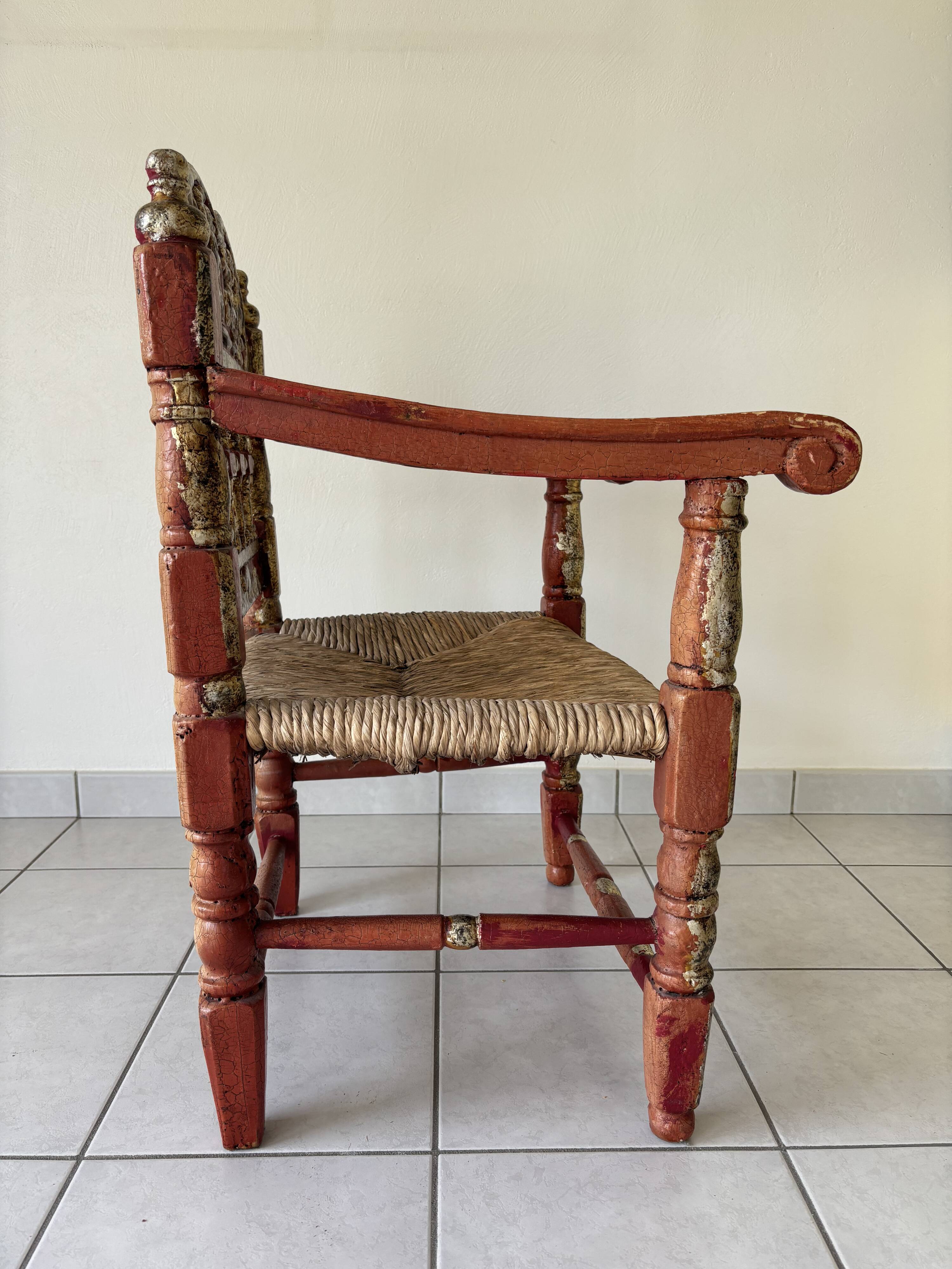 Vintage Spanish low chair in painted wood and straw (Majorca Andalusia)