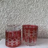 7 aperitif glasses in red and transparent glass chiseled vintage