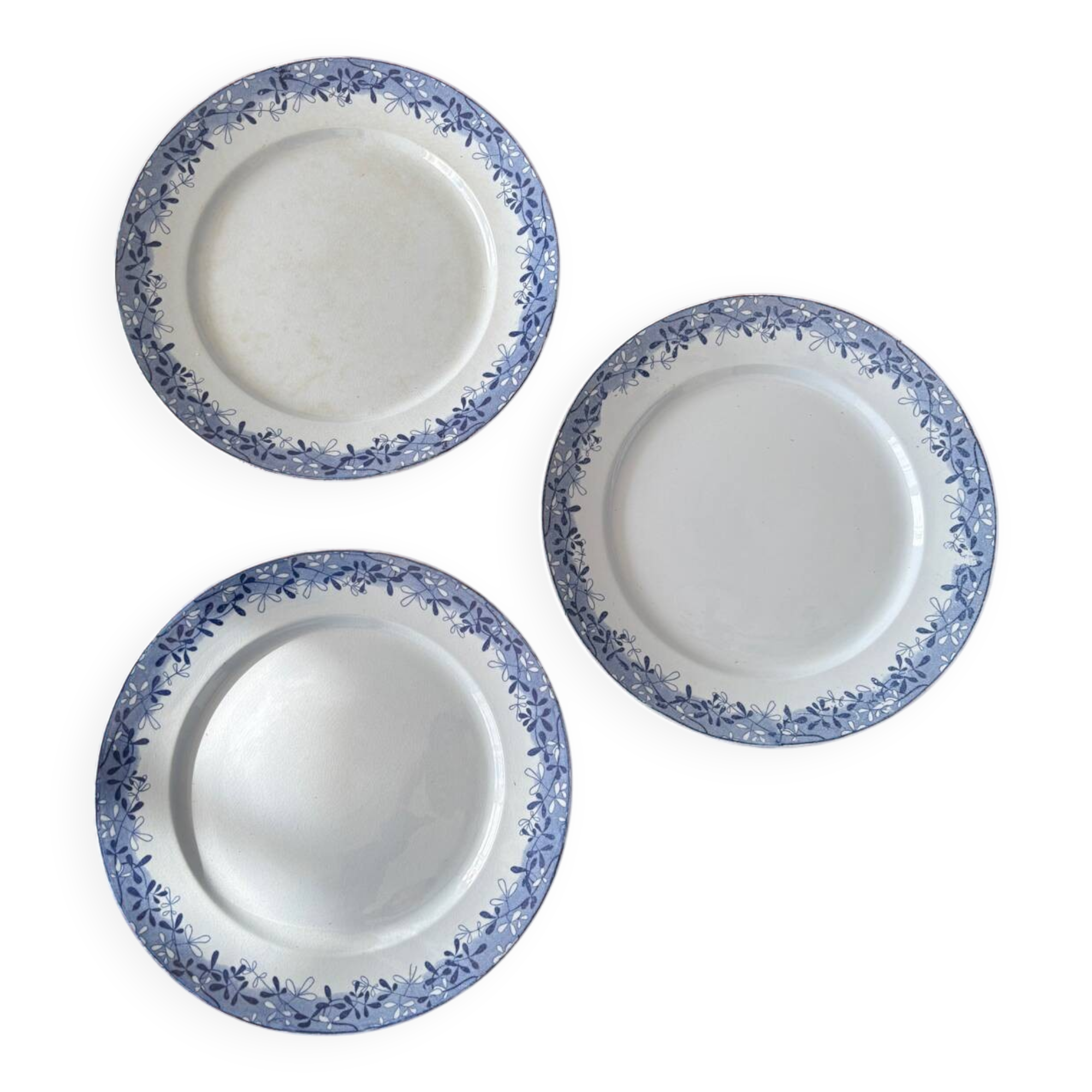 Set of 3 Sarreguemines mimosa blue vintage earthenware flat plates