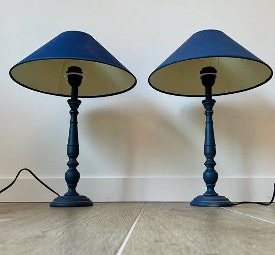 Pair of classic navy blue wooden lamps 57x25 very beautiful