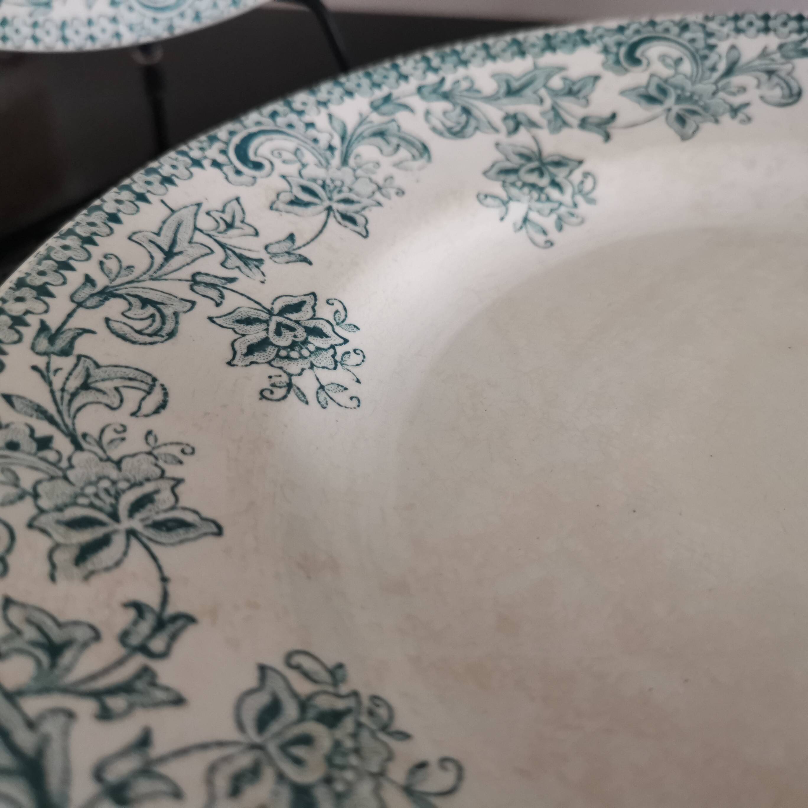 7 Jane model flat plates with dark green floral decoration Saint-Amand
