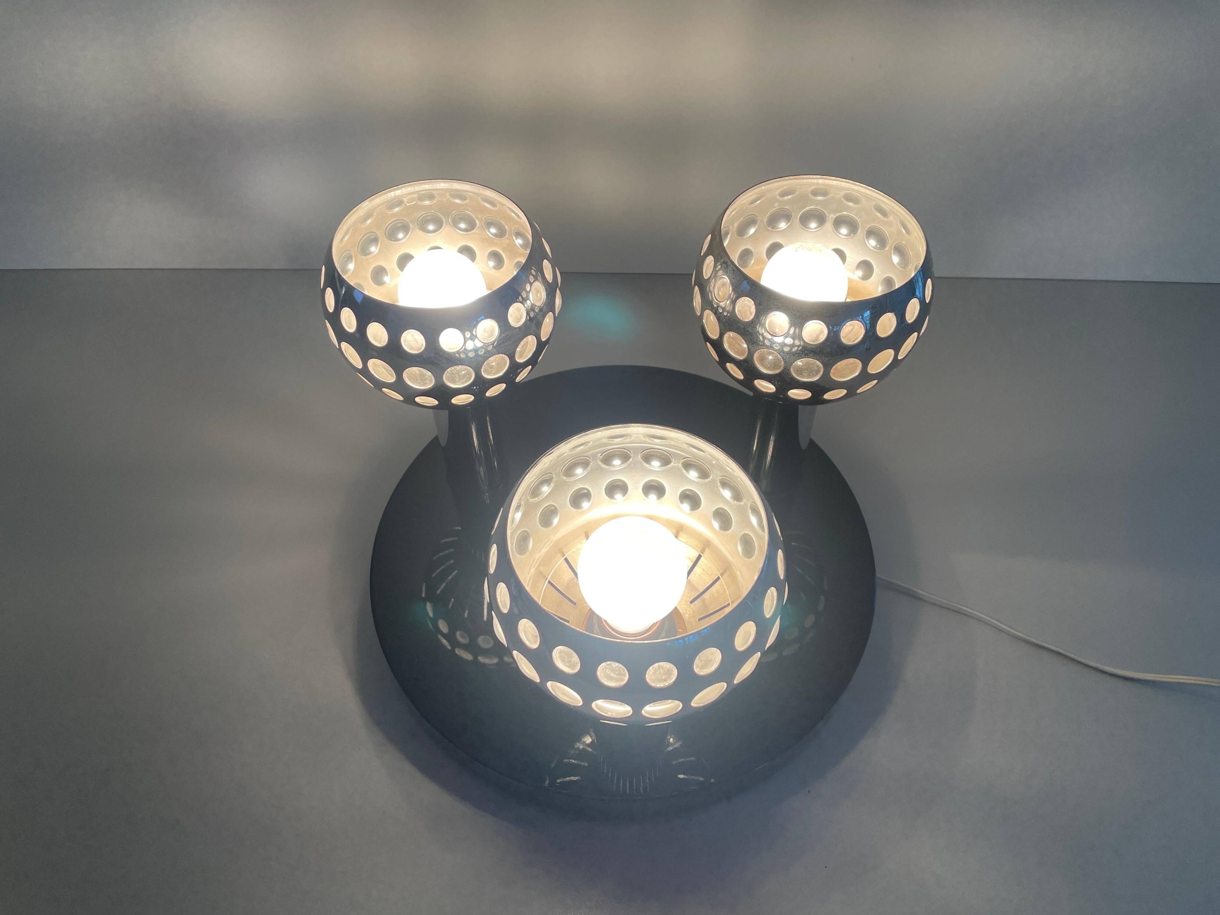 Mid-century ceiling light with 3 shades and wooden base, 1960s, Italy.