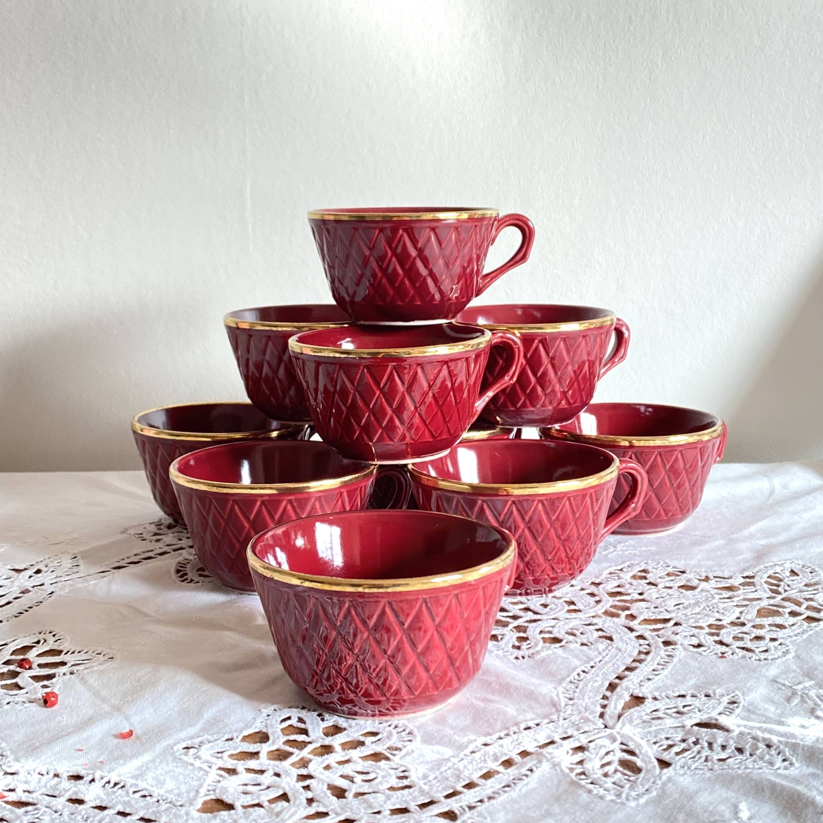 Set of 10 old red and gold ceramic coffee tea cups