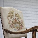 Fauteuil danois à dossier haut des années 1950, en laine tissée à la main, velours, bois de chêne sculpté.