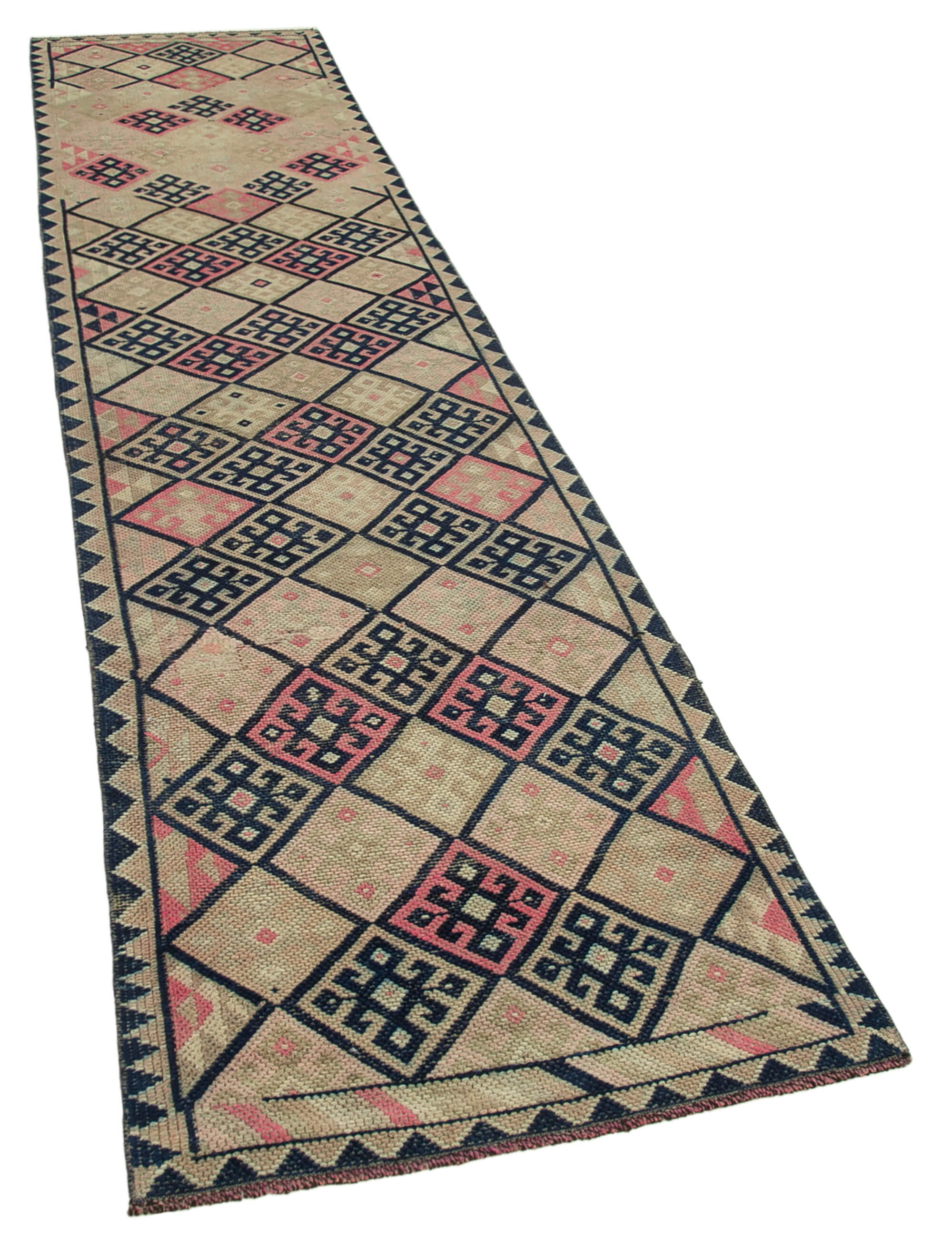 Handwoven vintage anatolian beige runner rug 84 cm x 376 cm