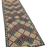 Handwoven vintage anatolian beige runner rug 84 cm x 376 cm