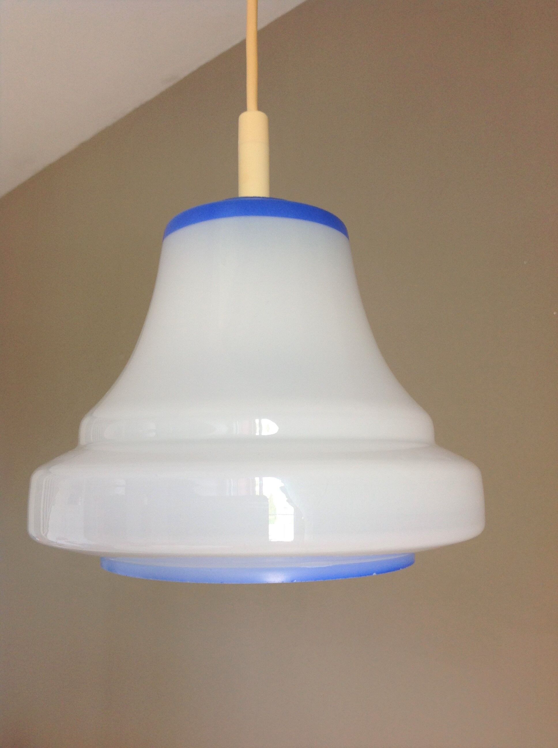 Bell hanging lamp in white and blue opaline 60s