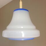 Bell hanging lamp in white and blue opaline 60s